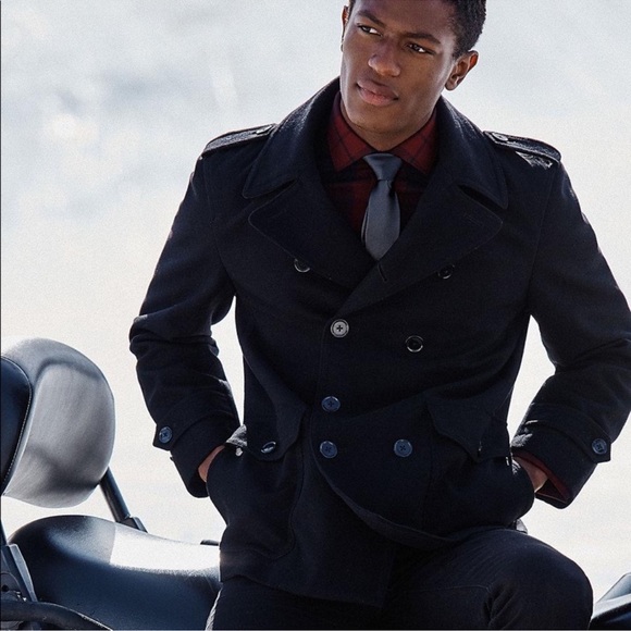 Y2K Express wool pea coat black classic double breasted biased zippered pockets - Picture 3 of 16